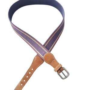 Genuine Leather Men's Belt Blue Stripe Fabric Woven Size 30